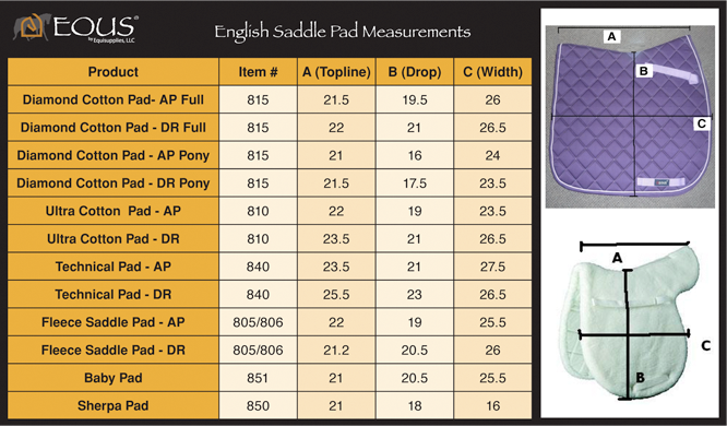 Size Chart - Saddle Pads